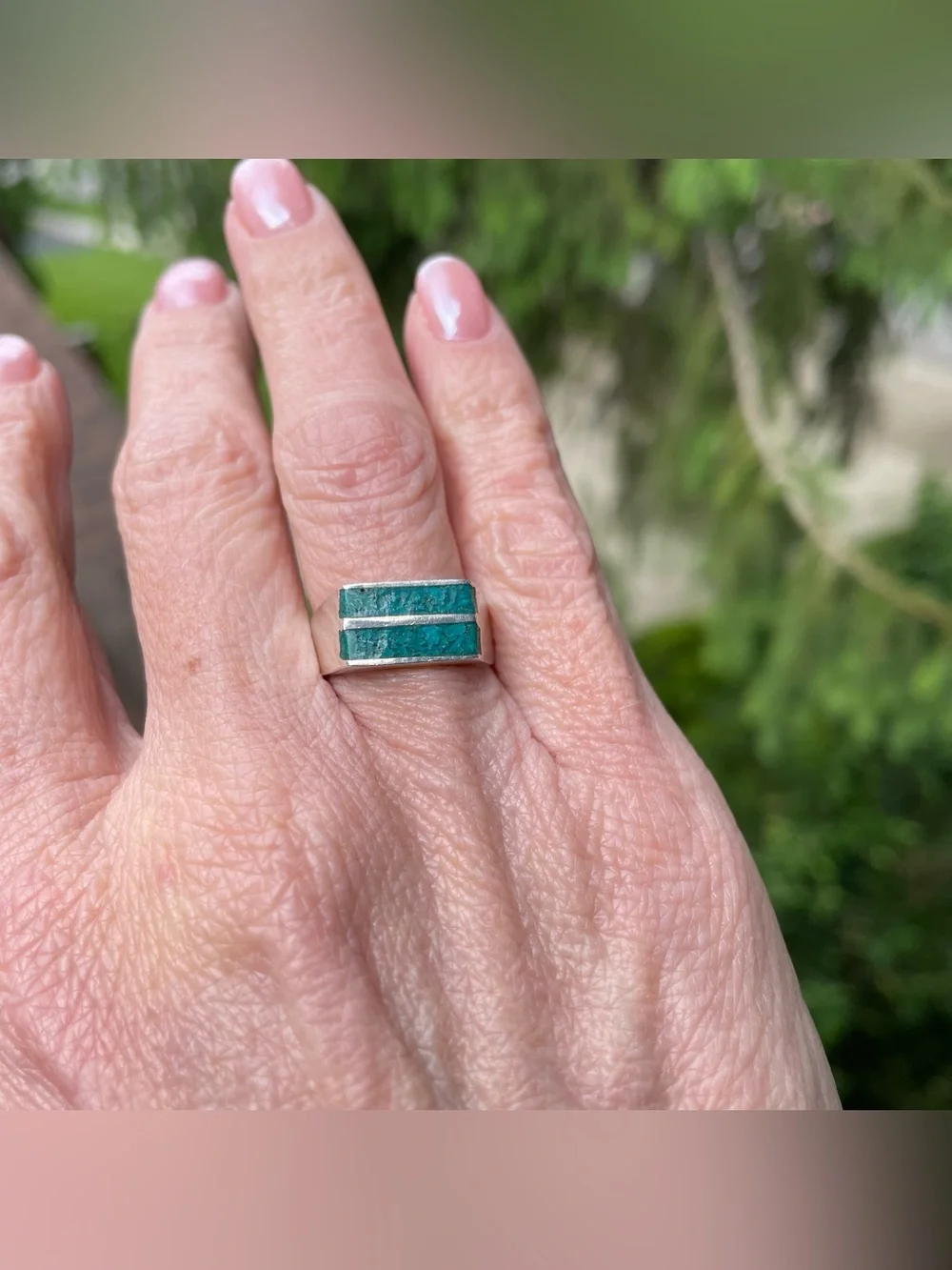Turquoise Inlay Signet Ring in Sterling with Mexico and Maker Hallmarks, 6.5 - Picture 6 of 15